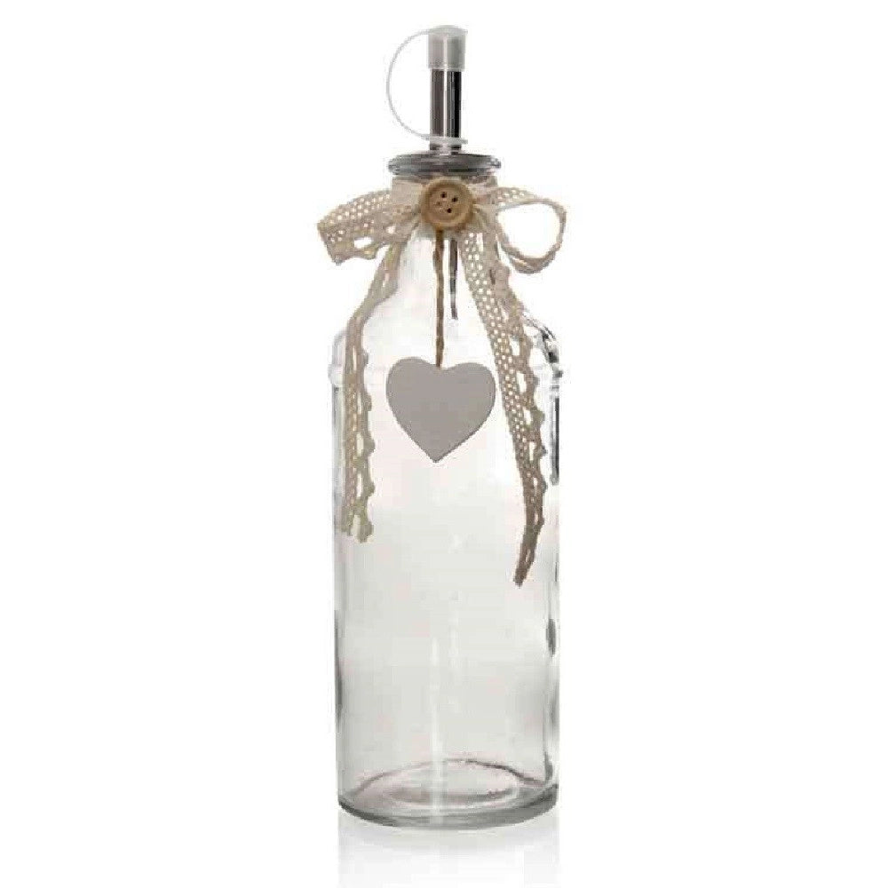 Trade Shop - Bottiglia Con Dosatore Olio / Aceto In Vetro Decoro Cuore 23 Cm 340 Ml 740909 -
