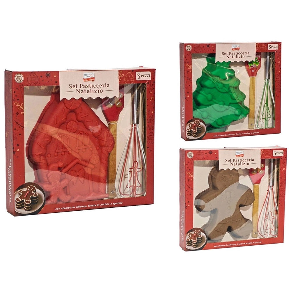 Trade Shop - Set Pasticceria Natalizio Da 3 Pezzi Con Stampo In Silicone Frusta In Acciaio Spatola -