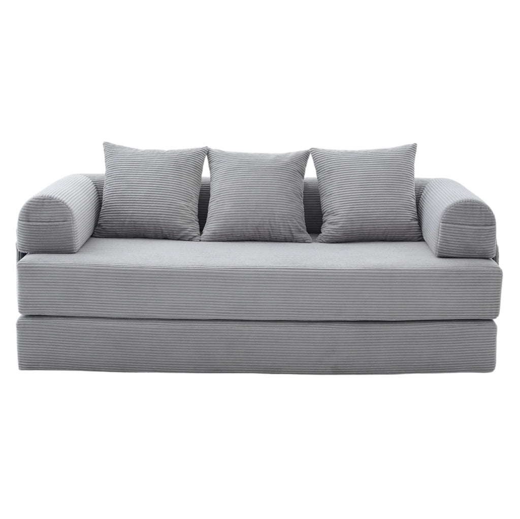 Divano modulare 200x94x67 cm con tasca laterale e 3 cuscini in velluto a coste grigio chiaro