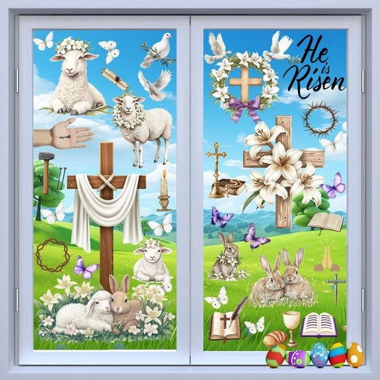 Stickers per finestra per Pasqua, 9 strisce PVC adesive, riutilizzabili con simboli di coniglio, decorazione per finestre per bambini