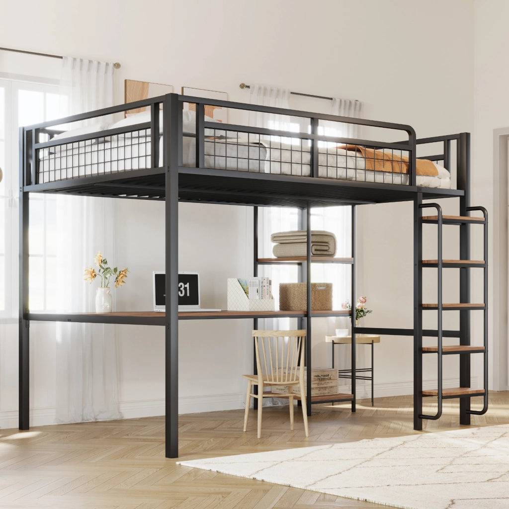 OKWISH Letto a Soppalco 140×200 cm, Letto Matrimoniale con Scala a Gradini, Scrivania e Mensole, senza Materasso, in Metallo, Nero