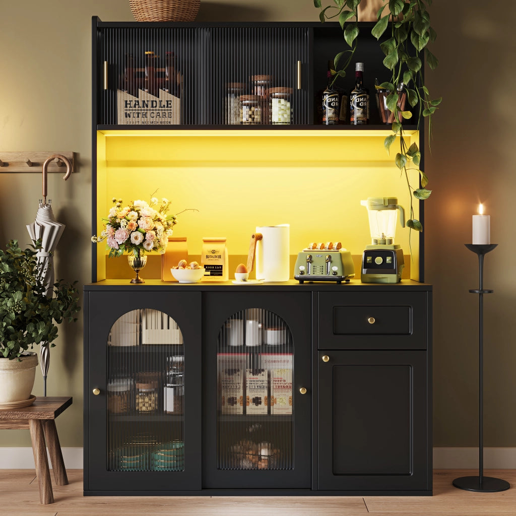 OKWISH Madia Alta Vetrina con Ante Scorrevoli in Vetro e Ripiani Regolabili, LED, per Cucina, Nero, 120×35×167 cm