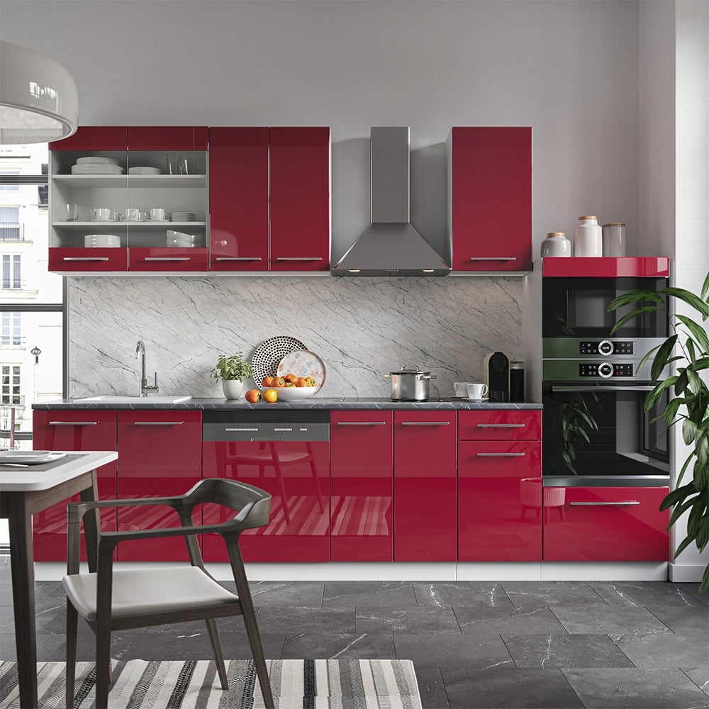 Cucina componibile Fame-Line Bordeaux lucido/Bianco 300 cm con armadio alto, PL Marmo Vicco