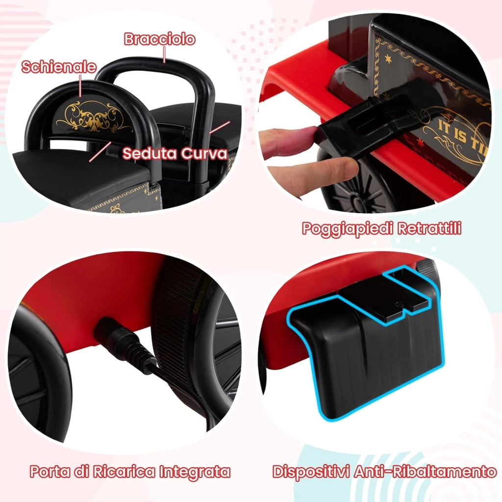 Trenino Elettrico con Vagone, 6V Giocattolo Elettrico a Batteria con Contenitore, Poggiapiedi Estraibili, Musica e Luci LED, Auto Elettrica per Bambini 18+ Mesi