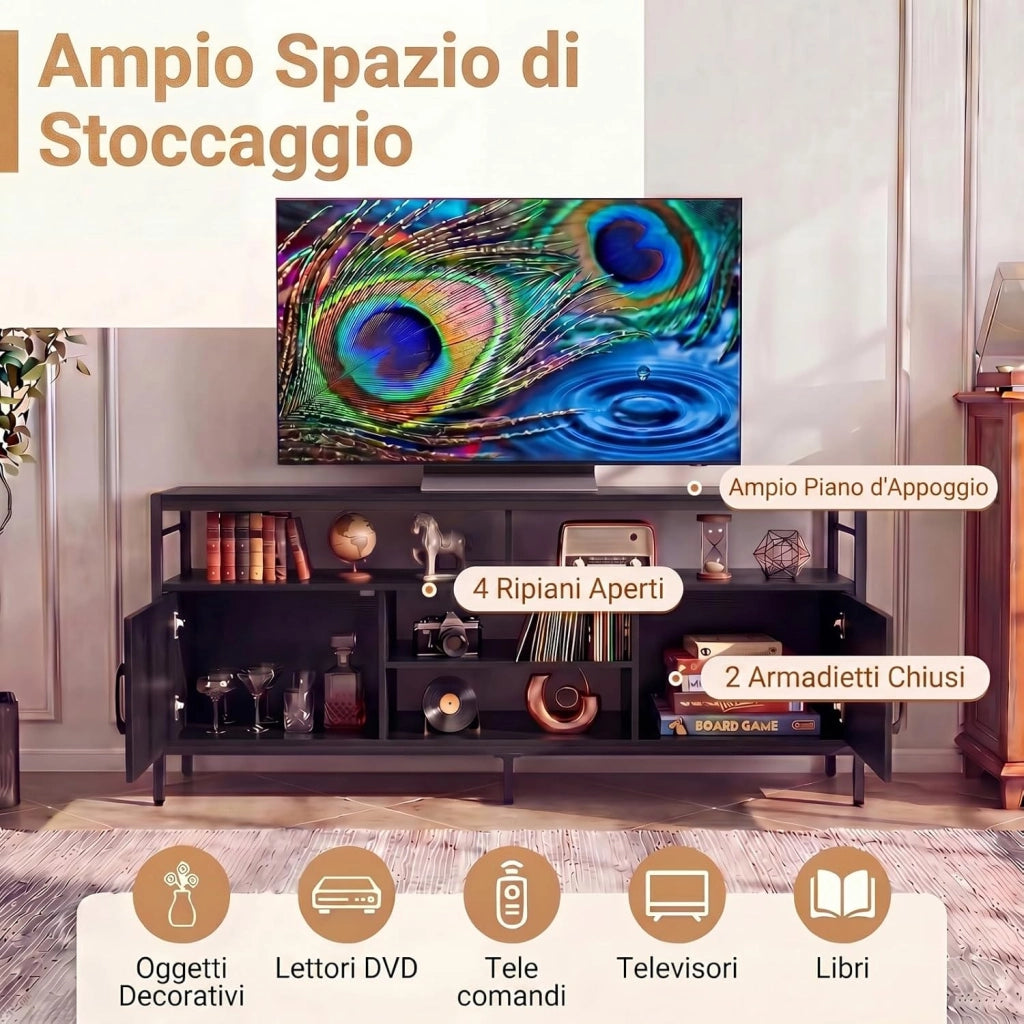 Mobile TV per Soggiorno, Mobile TV con 4 Ripiani Aperti e 2 Armadietti Chiusi, per Televisori fino a 65 Pollici, Stile Industriale con Struttura in Metallo per Camera da Letto (Nero)
