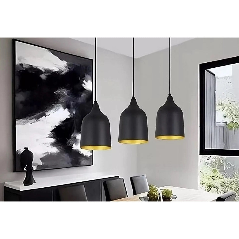 Trade Shop - Lampadario A Sospensione E27 Ferro Paralume Moderno Contemporaneo Campana Nero Oro 33290 -