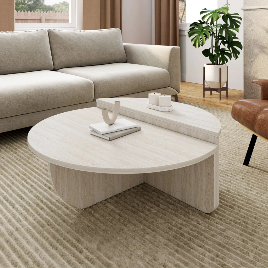 IDMarket - Set di 2 tavolini rotondi asimmetrici effetto travertino GUILIA