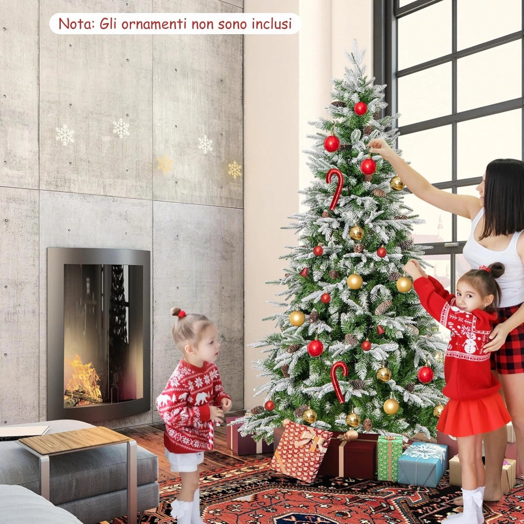 Albero di Natale Artificiale Pre-Luminoso 190 CM, Albero di Natale Innevato con 280 Luci LED Bianche Calde, 765 Punte, 62 Pigne e Base Metallica (190 CM)