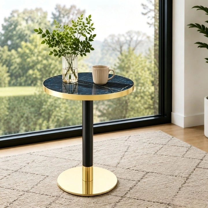 Tavolino basso rotondo con piano effetto marmo, bordo metallico dorato e base stabile, per soggiorno 60 × 73,7 cm