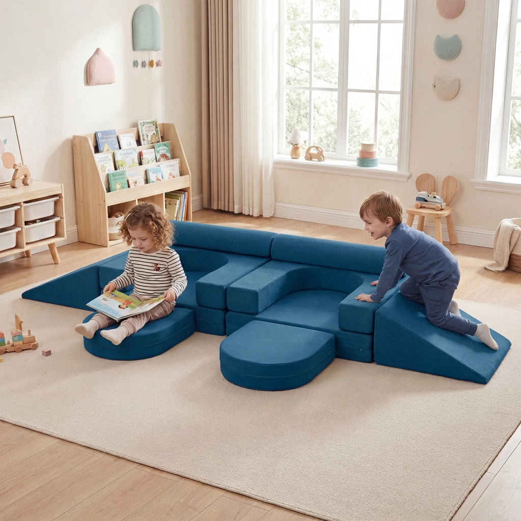 Divano da gioco per bambini trasformabile tessuto suede e schiuma ad alta elasticit¨¤, Poltrona modulare a 10 pezzi Blu