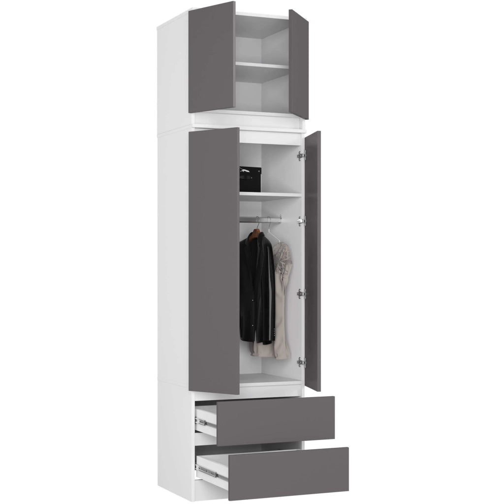 Armadio AKORD S60 con sopralzo Bianca 60 cm 2 ante 2 cassetti inserto frontale Grigio Grafite 60x51x234 cm