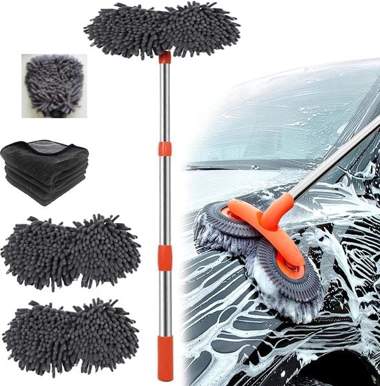 Set di spazzole per auto con testa a doppia spazzola, set di spazzole per auto telescopiche girevoli 360° con 4 cm spazzola a microvezzi ×3, microfascette, per auto, furgone, camion, caravan