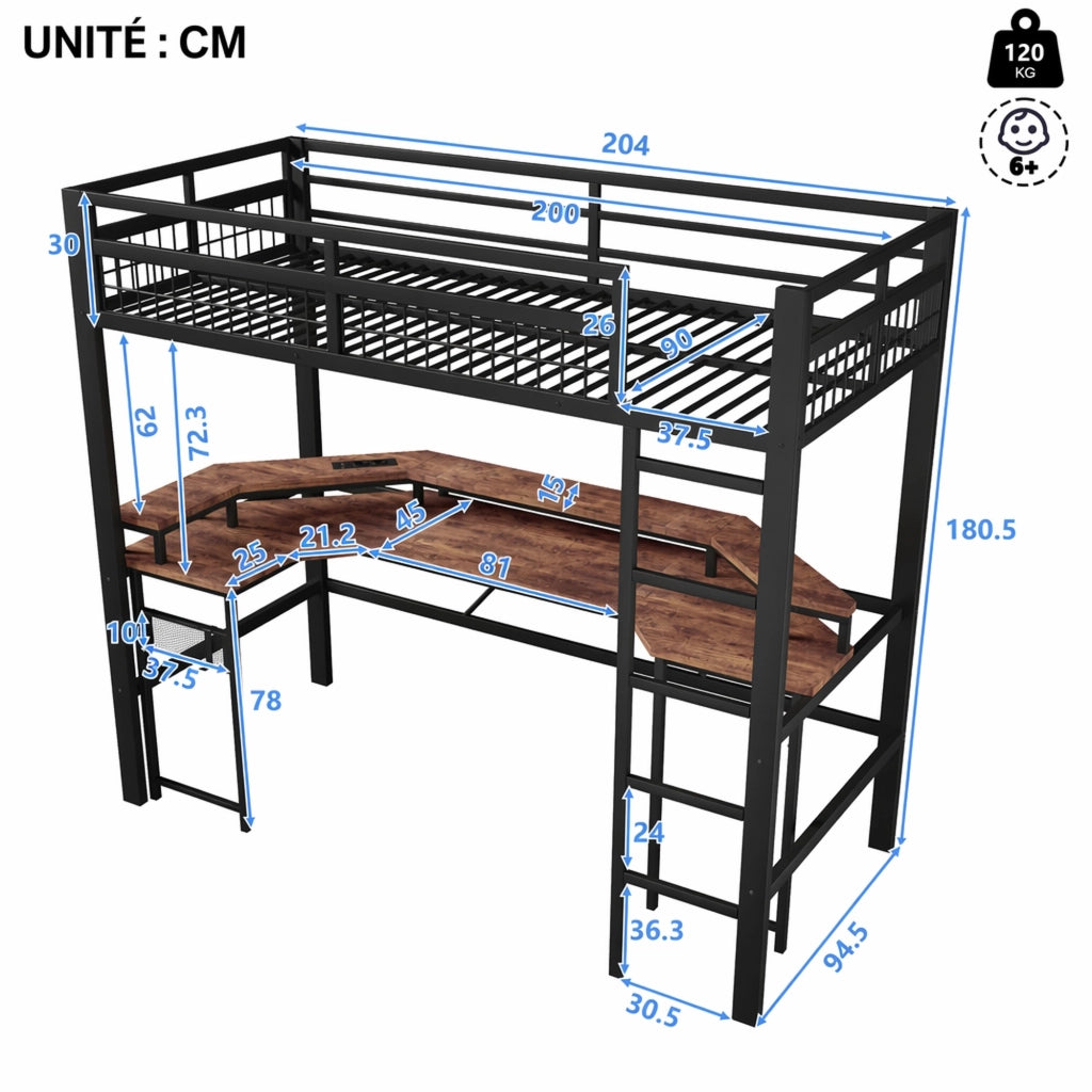 DESMIU Letto a soppalco singolo con scrivania, LED regolabile, USB, USB-C e 2 prese 90 × 200 cm senza materasso