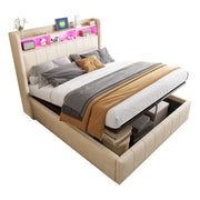 Letto Contenitore 140 x 200 cm; Letto Matrimoniale - LED; USB e Type-C - Beige