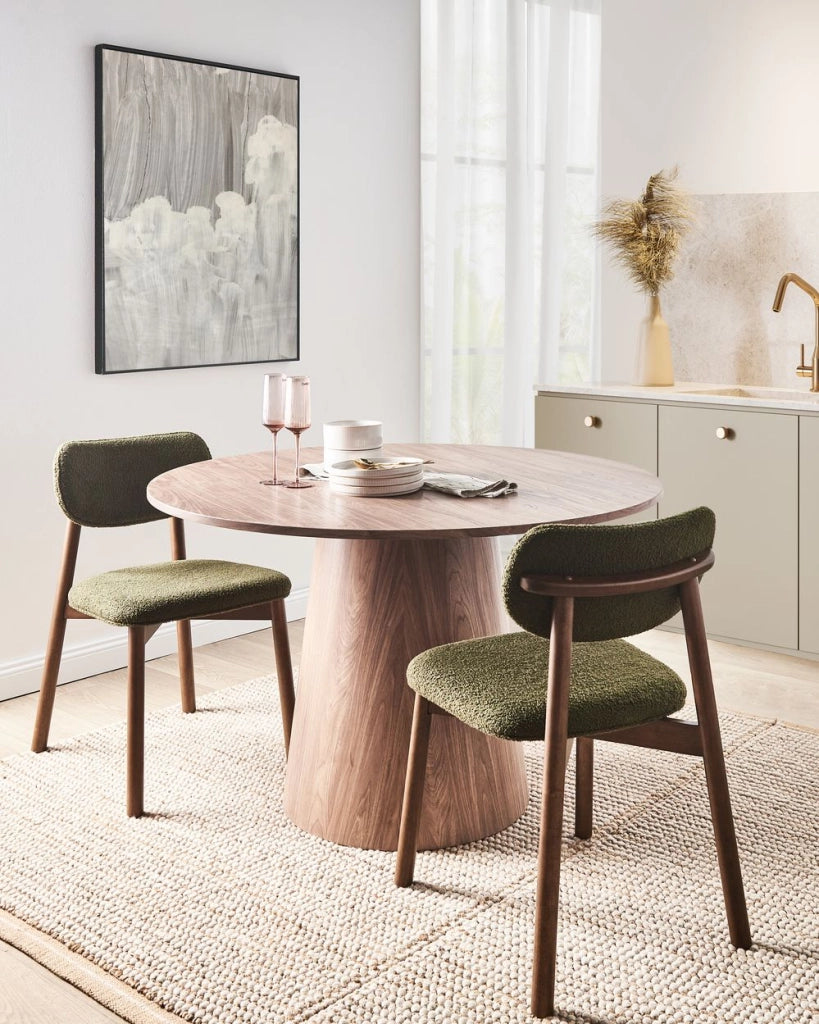 Set di 2 sedie da pranzo con struttura in legno di gomma boucle marrone e verde Seduta e schienale imbottiti Sala da pranzo Cucina
