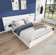 Letto matrimoniale 160x200 cm in MDF con USB-A/USB-C; Bluetooth; orologio e luci; bianco