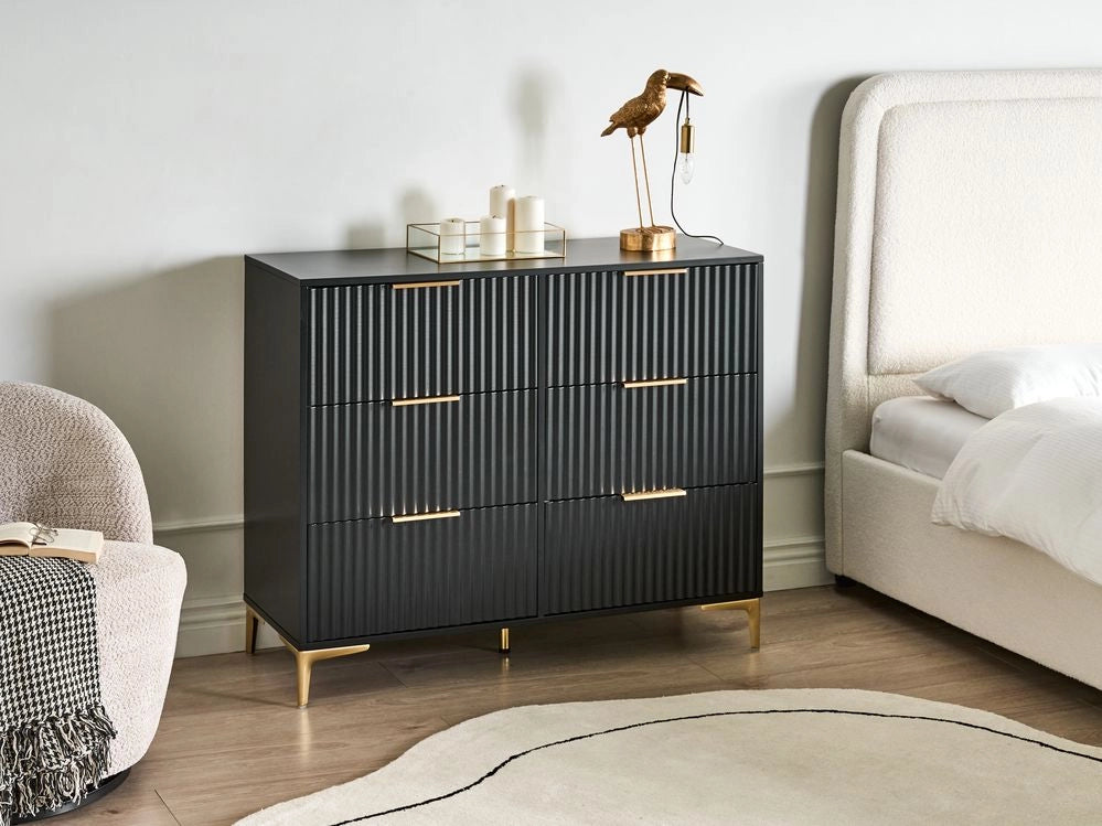 Cassettiera nero MDF 6 Cassetti Gambe in Metallo Maniglie Fronti Scanalati Design Moderno Camera da Letto Soggiorno
