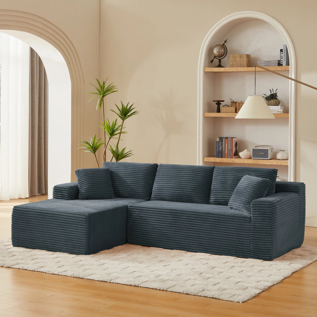 Divano modulare a L con 4 configurazioni in tessuto traspirante e cuscini collo grigio scuro 252,5 × 163 × 65 cm