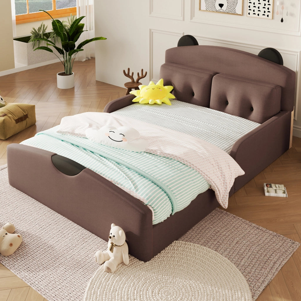 Letto per bambini 140 × 200 cm con testiera imbottita a forma di orso e 2 cuscini, senza materasso, in lino, caffè