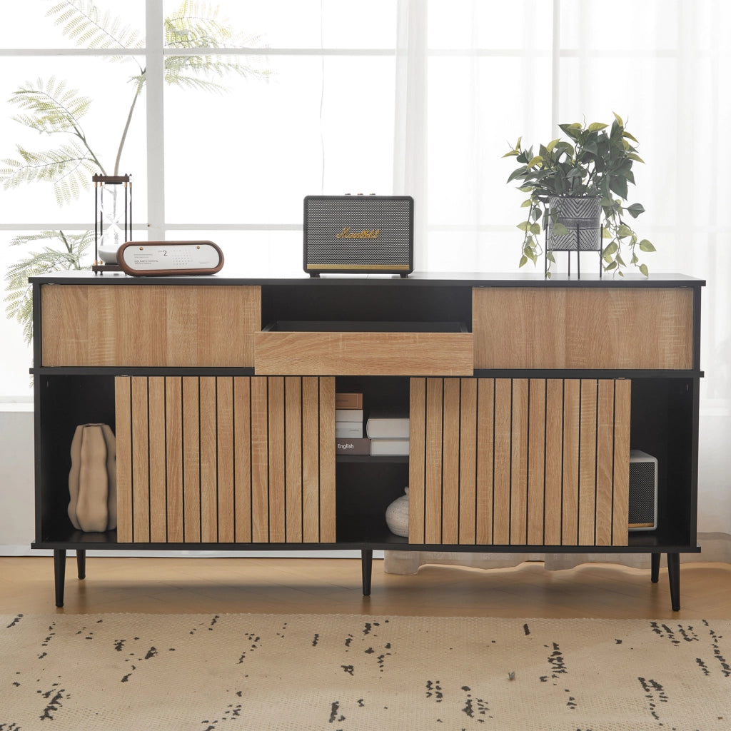 Credenza con 4 ante scorrevoli; 1 cassetto e ripiani regolabili per soggiorno in truciolare nero 160×40×80 cm