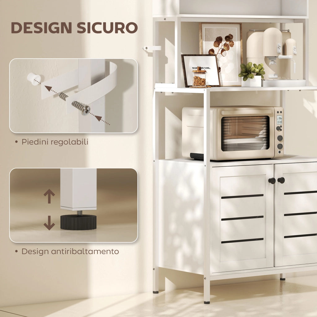 Mobile Dispensa con Ripiani. Armadietti e 2 Prese di Ricarica. in Legno e Acciaio. 80x42x171 cm. Bianco