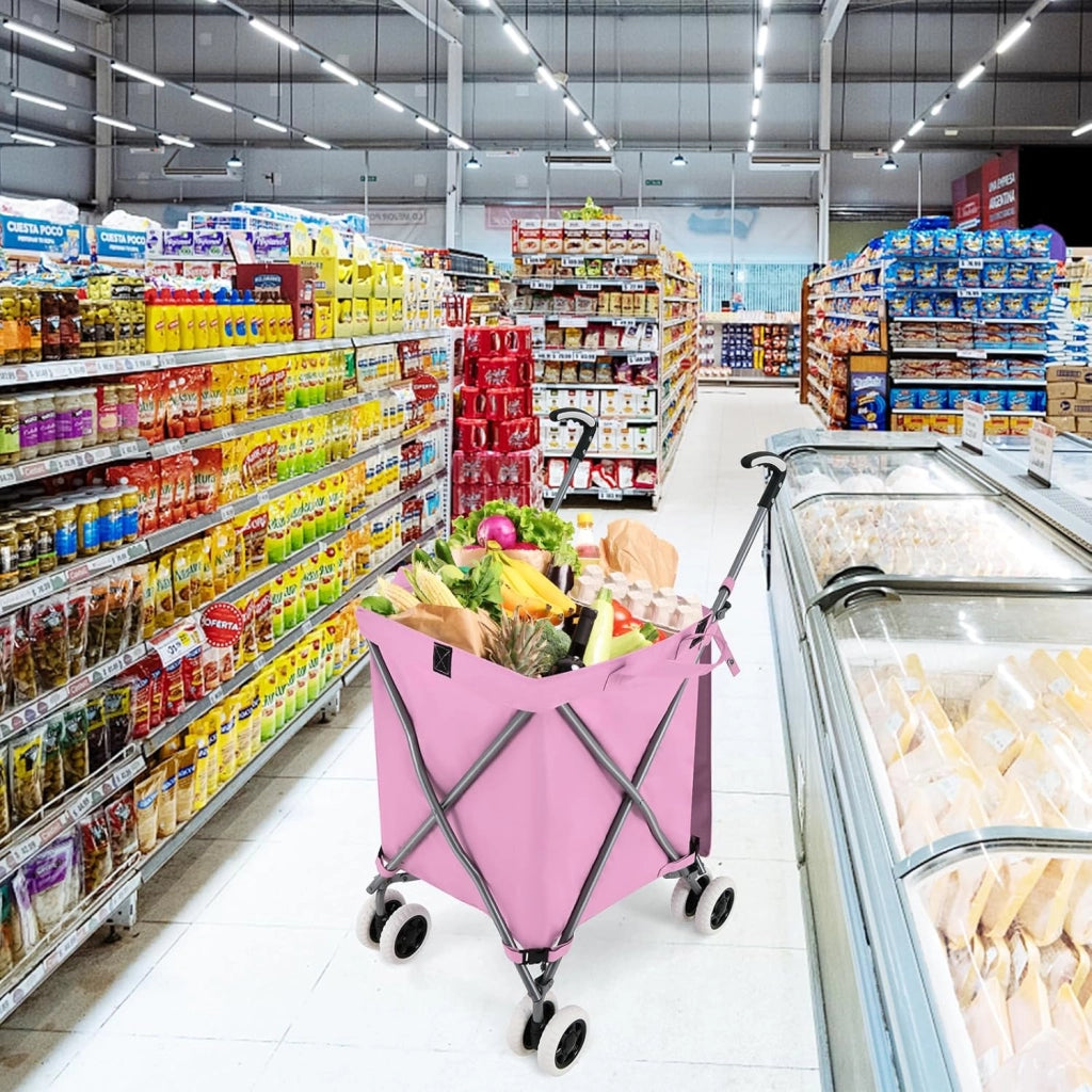 Carrello Spesa Pieghevole con Ruote, Carrello Portaspesa con Fodera in Tessuto Oxford Rimovibile e Impermeabile, 90L, Capacità di peso 55 kg (Rosa)