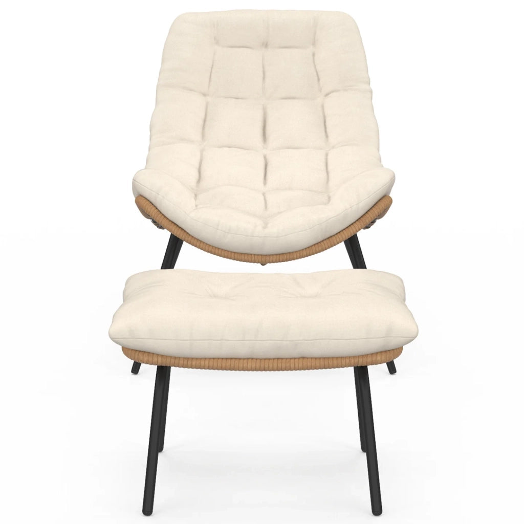 IDMarket - Set di 2 poltrone reclinabili LOA in rattan con cuscini ecrù e poggiapiedi