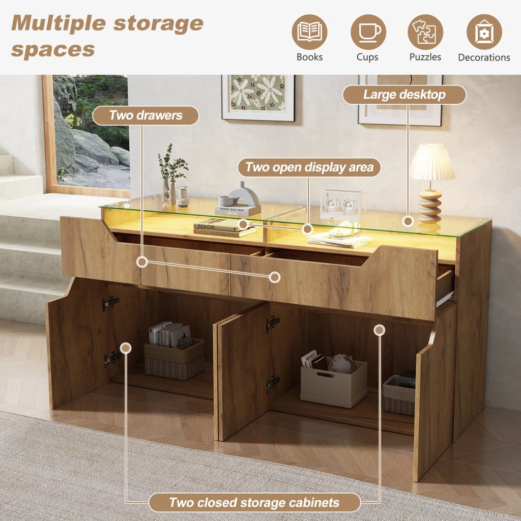 Credenza e madia con piano in vetro temperato, 2 cassetti e ante, per soggiorno, in MDF, naturale, 140 × 40 × 70 cm