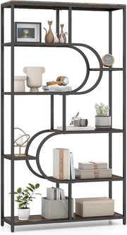 Libreria a 5 Ripiani, Scaffale Alto Autoportante a Forma Ovale con Ripiani Aperti, Struttura in Metallo, Organizer per Soggiorno e Ufficio di Casa, 95x30x175 cm (Marrone)