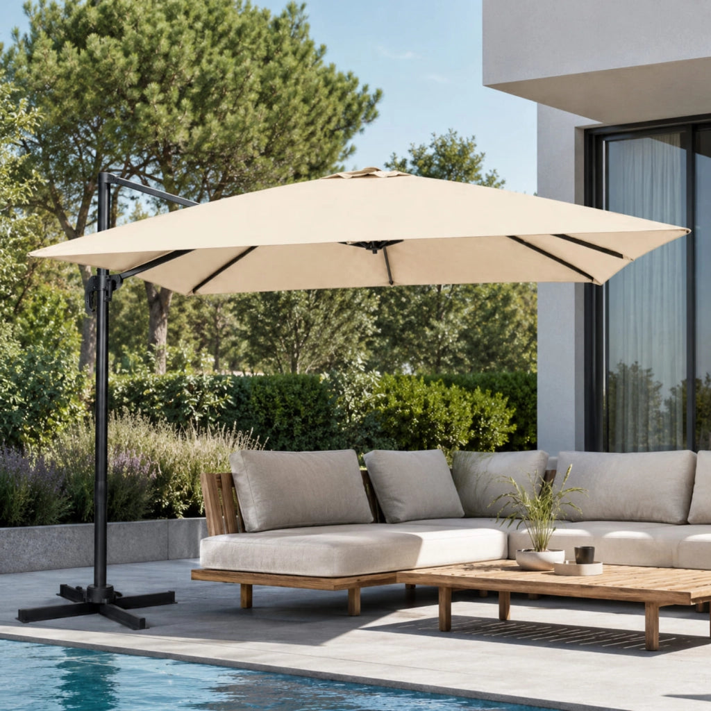 Ombrellone 3x3 Metri Con Palo Laterale In Acciaio E Base A Croce Struttura Rinforzata Copertura In Poliestere Quadrato Per Terrazza Patio Zona Piscina E Spazi Outdoor 300 x 300 x 273 Cm Tortora