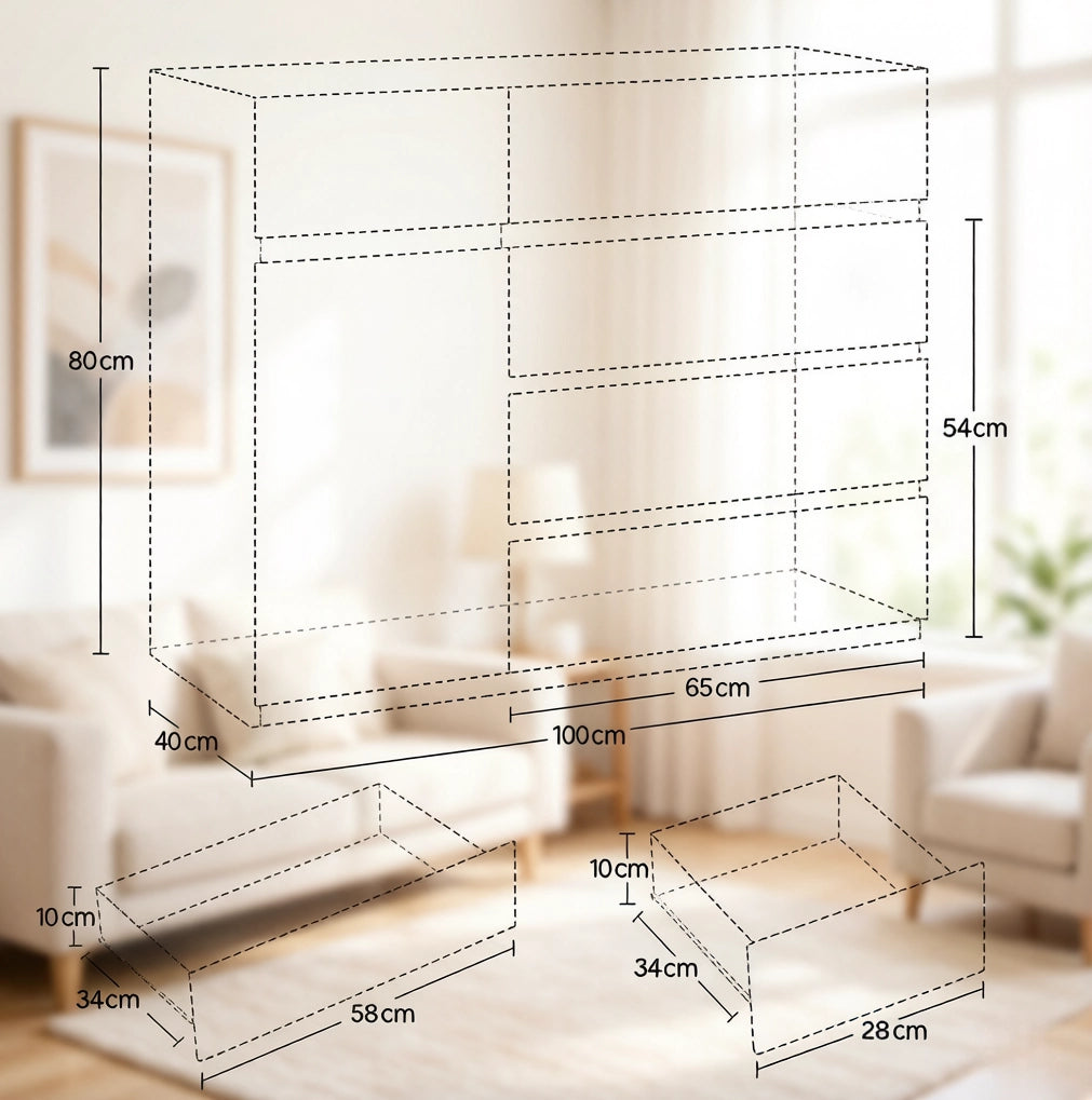 Credenza contenitore 100x40x80 cm con 5 cassetti e anta; nera