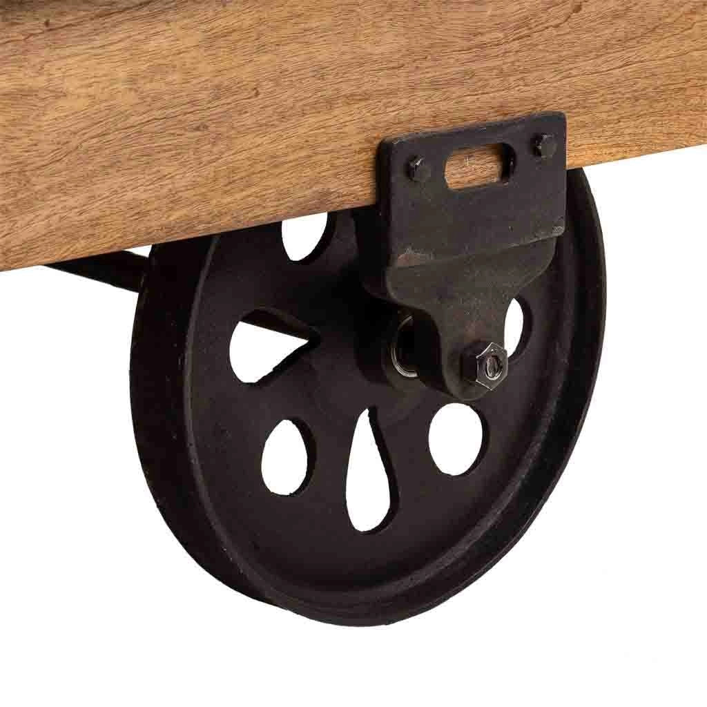 Tavolino in legno, metallo e pelle marrone 165x90x52h