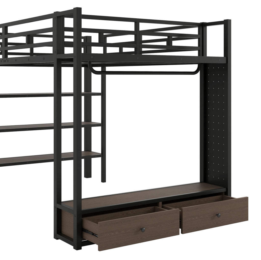Letto a soppalco 140x200 cm con armadio aperto; cassetti; LED e ripiani; nero