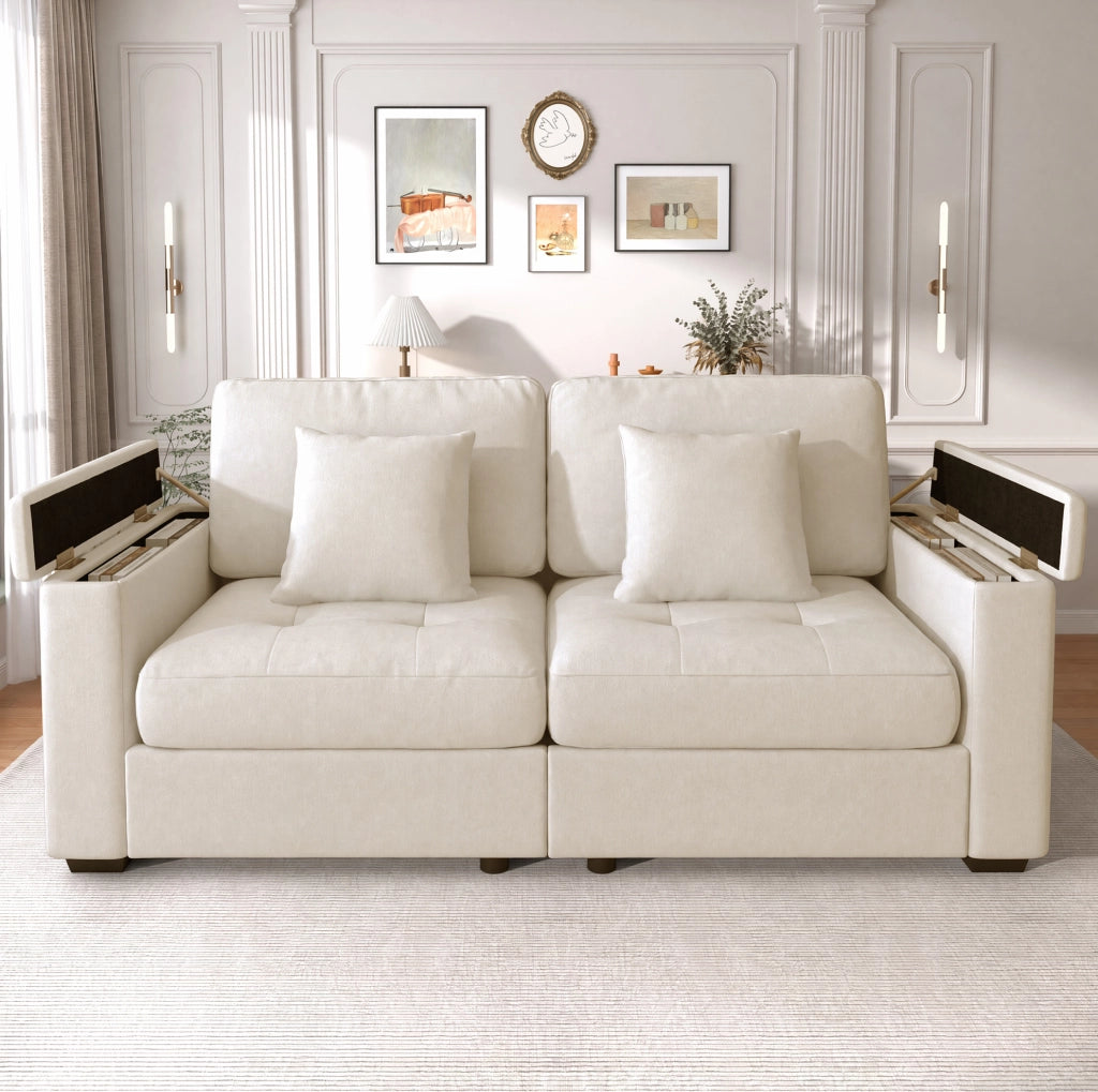 Divano 2 posti beige in ciniglia con contenitore, tasche laterali e 2 cuscini