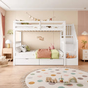 Letto a castello ULEVR 90x200 cm con scala a ripiani, 2 cassetti e sponde alte, bianco
