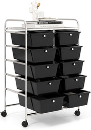 Carrello a 10 Cassetti con Ruote, Carrello di Stoccaggio con Stabilità Elevata, Carrello Multiuso per Casa Ufficio e Scuola, 65,5 x 37 x 87 cm (Nero)