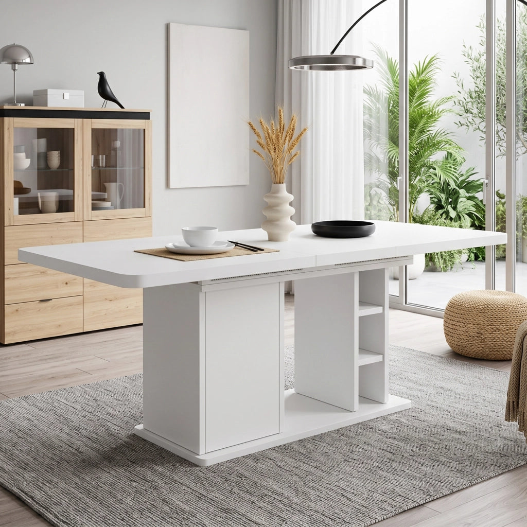 Tavolo da pranzo - estraibile 140/180x80 cm - con vano - per 6-8 persone - stile scandinavo - bianco