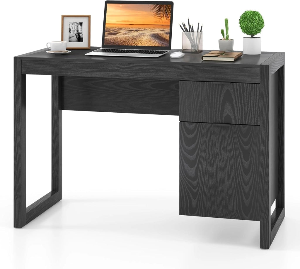 Scrivania per Computer, Scrittoio per Studio Moderno con Cassetto e Armadietto Spazioso in Legno Solido, per Ufficio/Casa, Portata di 70kg, 112,5x 50x75cm, Bianco (Nero)