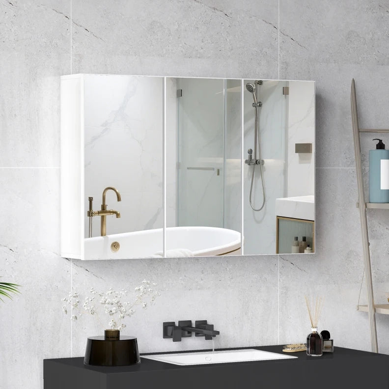 Armadio a specchio da bagno ULEVR 90x15,5x60 cm con 3 ante specchiate e 5 ripiani, bianco