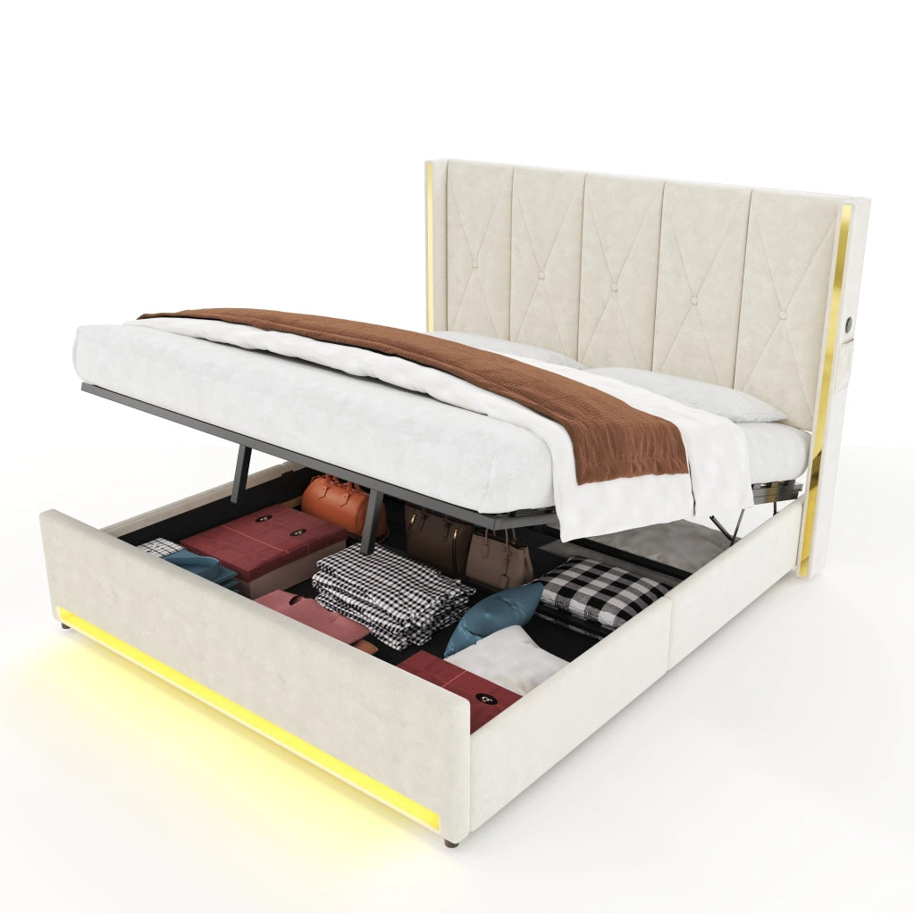 Letto matrimoniale 180x200 cm in velluto beige con testiera alta; LED; USB e contenitore