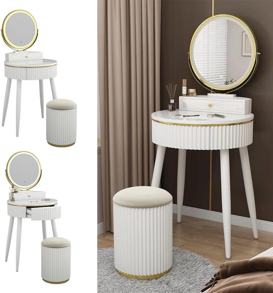 Tavolo da toilette Gesa, Bianco, 60 cm con specchio a LED in 3 tonalità di bianco, dimmerabile, inclusa panca e controllo touch per illuminazione LED