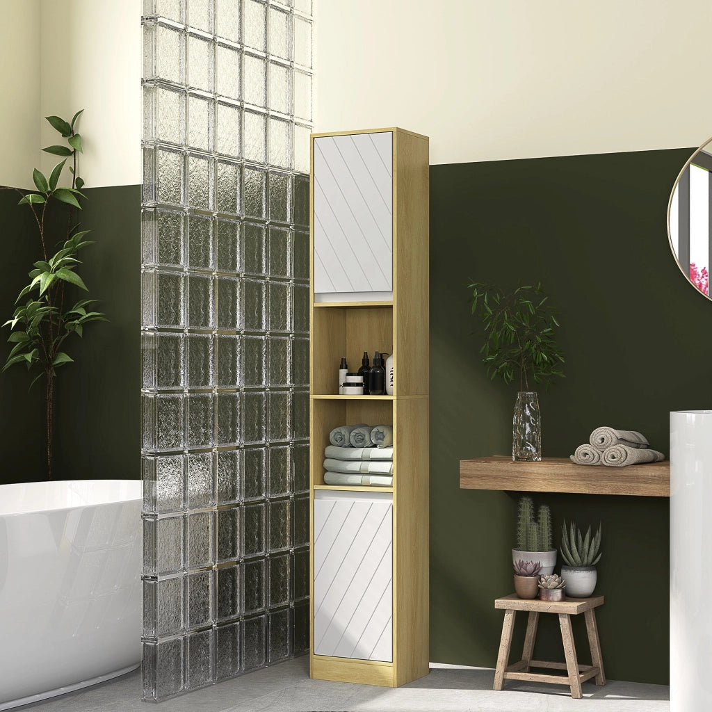 Mobile a Colonna da Bagno Salvaspazio con 2 Armadietti e 2 Ripiani 30x24x170 cm Rovere e Bianco
