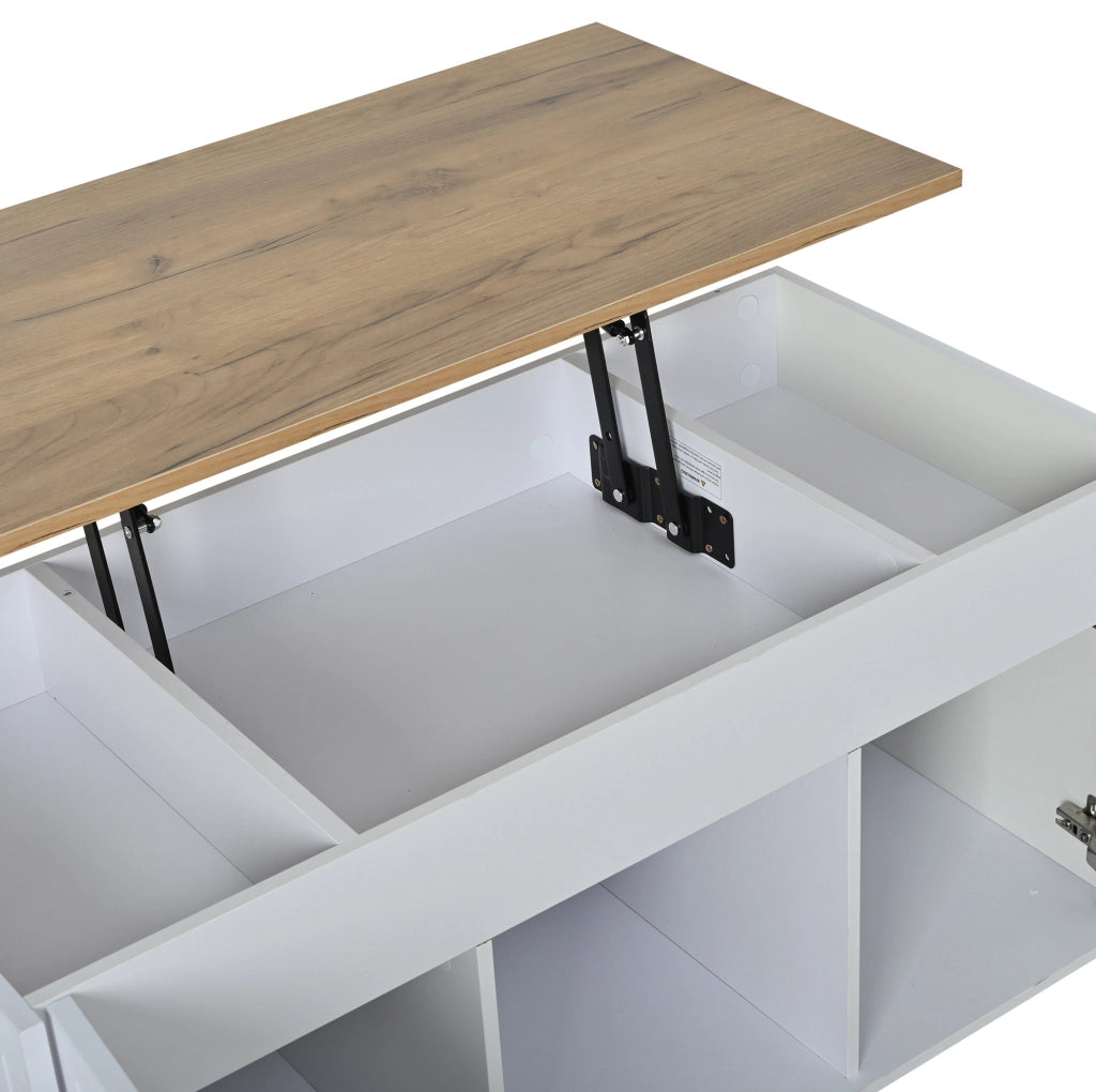 Tavolino da salotto 46x95x45 cm; regolabile in altezza con ampio spazio contenitore; pannelli truciolari bianco e naturale