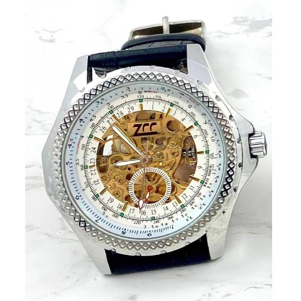 Trade Shop - Orologio Da Polso Zcc Per Uomo Movimento Automatico Cinturino Pelle Nera Bianco -