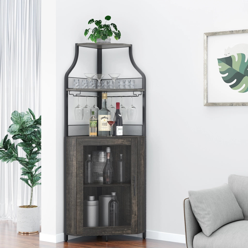 Mobile Bar Angolare Portabottiglie Marrone Bruciato in Metallo e MDF, 154cm