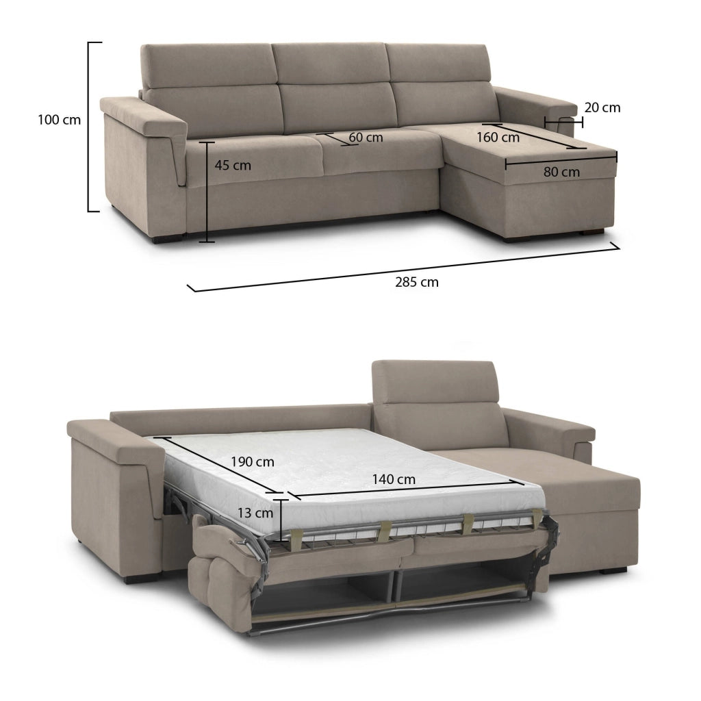 Esca, Divano Letto con Penisola Sfoderabile Made in Italy, 285x160 cm Grigio Tortora