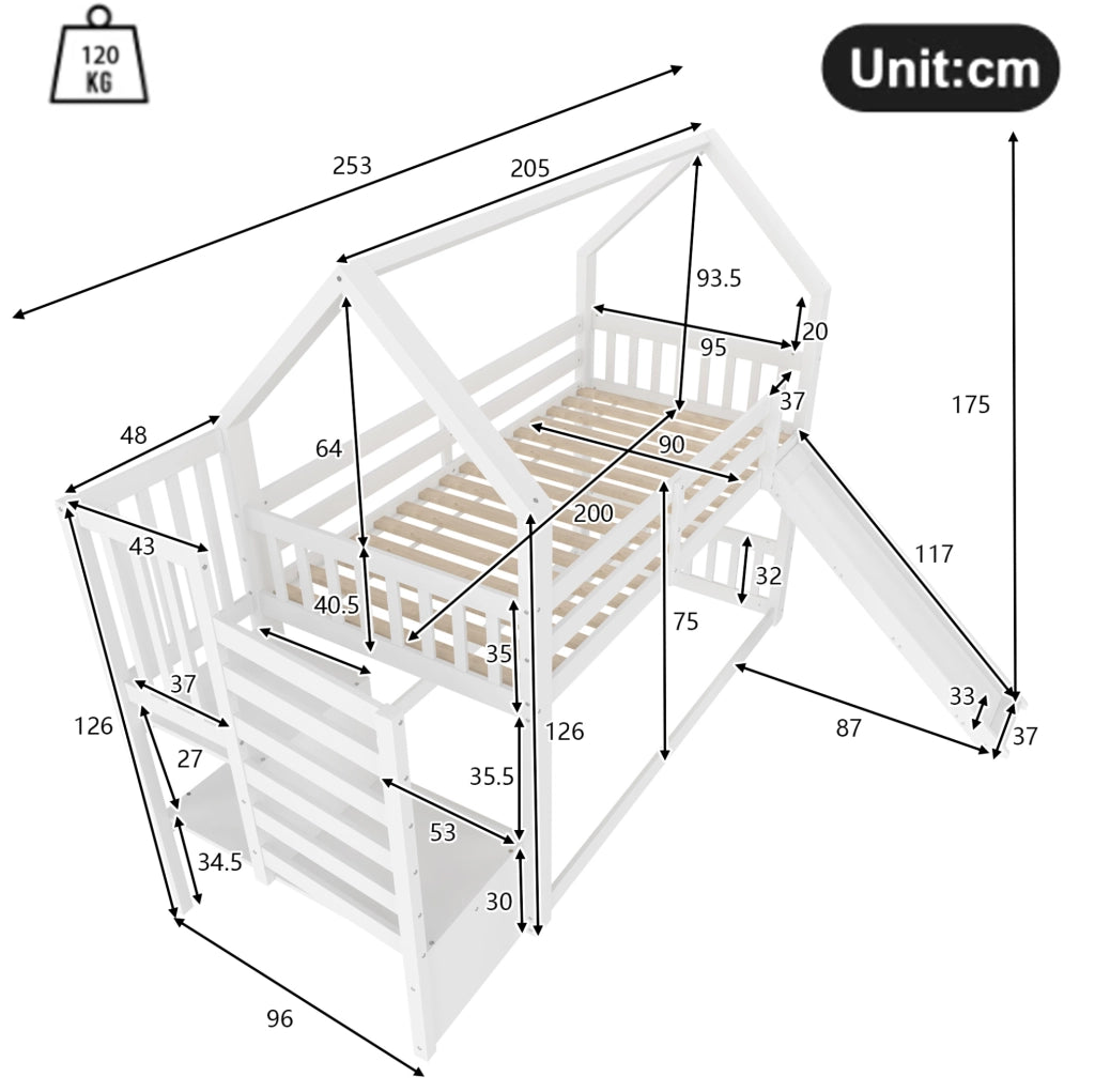 LETTO A CASTELLO 90x200 cm con scivolo, scala con vano portaoggetti, pino e MDF, bianco