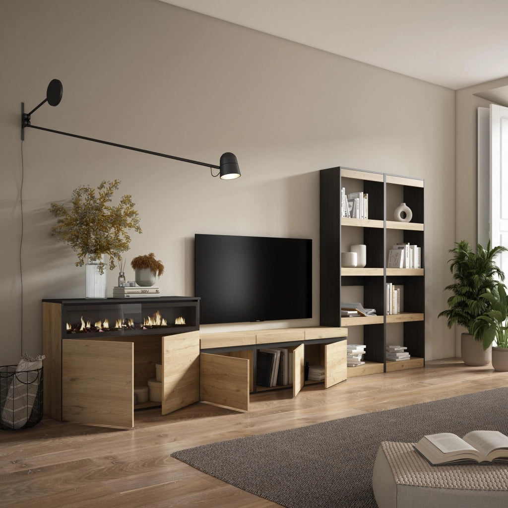 Mobile TV, Soggiorno, 370x35x186cm, Per TV fino a 65", Camino elettrico, colore Rovere e nero RF3184