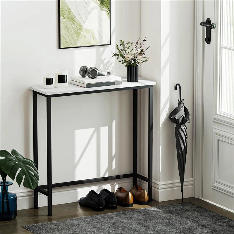 TAVOLO CONSOLLE DA INGRESSO CON PIANO EFFETTO MARMO, IN LEGNO E ACCIAIO, 75X24X76 CM, BIANCO E NERO