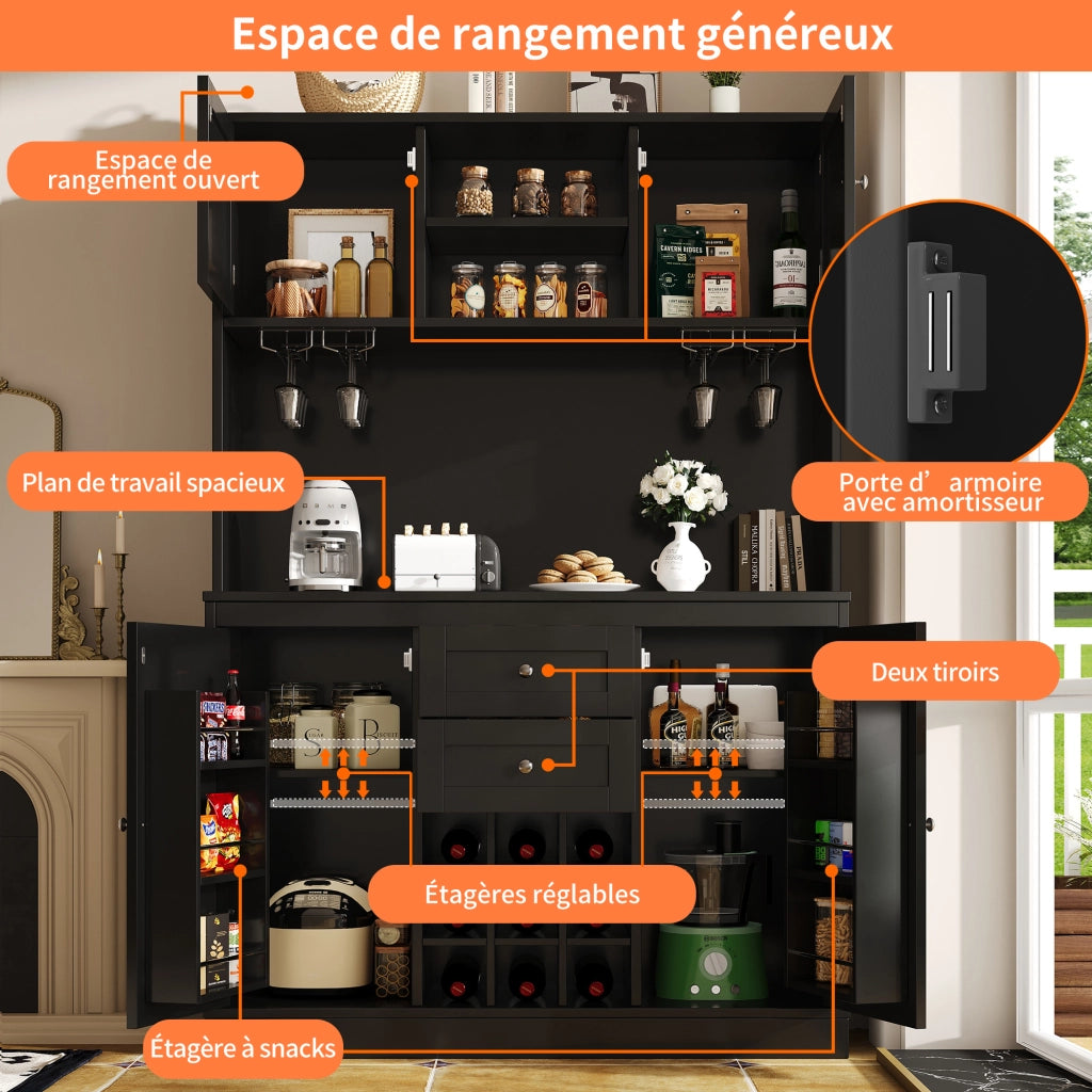 OKWISH Credenza cucina alta con 4 ante e 2 cassetti, ripiani regolabili e portabottiglie, in MDF, Nero, 120 x 40 x 188 cm